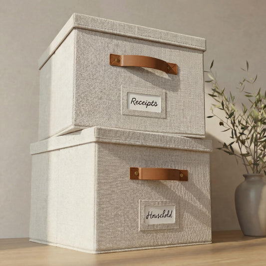 ZICOTO Decorative Ivory File Box Organizer Set of 2 - Collapsible Linen File Cabinet for Easy Folder Storage - Store All Your Documents and Folders in Style