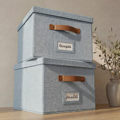 ZICOTO Decorative Ivory File Box Organizer Set of 2 - Collapsible Linen File Cabinet for Easy Folder Storage - Store All Your Documents and Folders in Style