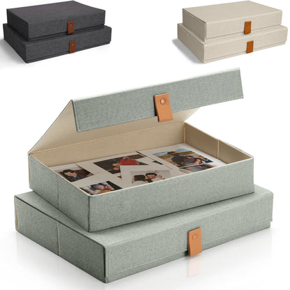 Decorative Photo Storage Boxes with Lids - Set of 2 Beautiful Linen Organizers Are Perfect to Safely Store Your Pictures, Documents, Scrapbooking Supplies, Keepsakes and Other Memories in Style