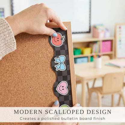 Beautiful Scalloped Bulletin Board Borders for Classroom Decor - 60 Smiley Face Strips for Up to 3 Boards 4x6 ft, Durable Decoration and Teacher Must Haves for a Warm Welcoming Classroom
