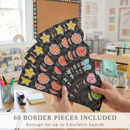 Beautiful Scalloped Bulletin Board Borders for Classroom Decor - 60 Smiley Face Strips for Up to 3 Boards 4x6 ft, Durable Decoration and Teacher Must Haves for a Warm Welcoming Classroom