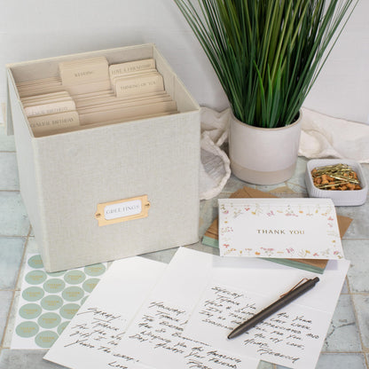 ZICOTO Beautiful Greeting Card Organizer Box With Dividers - Sturdy Linen Storage Box Easily Organizes All Your Greeting Cards in Style - Cute Card Holder Safely Stores Up to 300 Small Or Large Cards