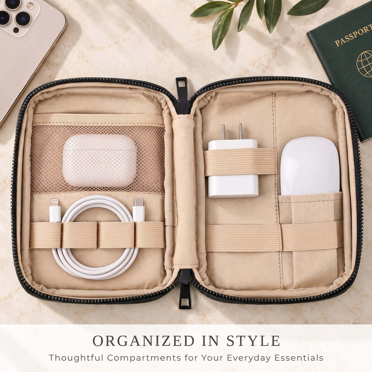 Stylish Tech Organizer Pouch - PU Leather Electronics Travel Bag for Women