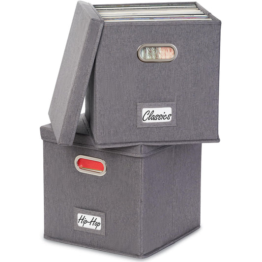 ZICOTO Decorative Vinyl Record Storage Box Set of 2 For 100+ Single Records - Sturdy LP Holder Crate Organizes All Your Favorite Classic, Oldies, or Recent Hit Albums in Style