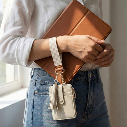Stylish Wristlet Wallet for Women - Slim Design Credit Card Holder w/ Plenty of Storage incl. Clear ID Window & Zipper Pocket - Easy Carry RFID Blocking Keychain Wallet w/ Tassel, Lanyard & Gold Rings