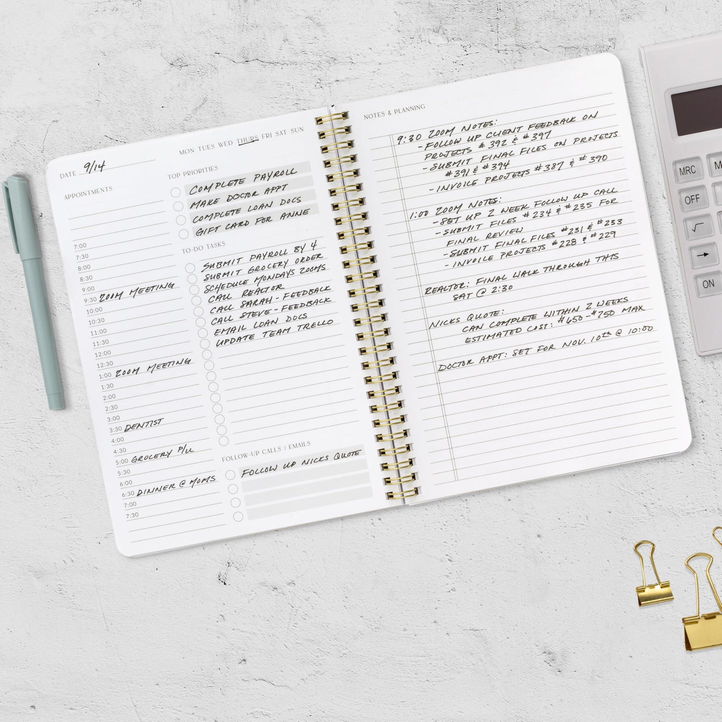 ZICOTO Beautiful Daily Planner And Notebook With Hourly Schedule - Aesthetic Spiral To do List Notepad to Easily Organize Your Tasks And Appointments - Stylish Book And School Or Office Supplies