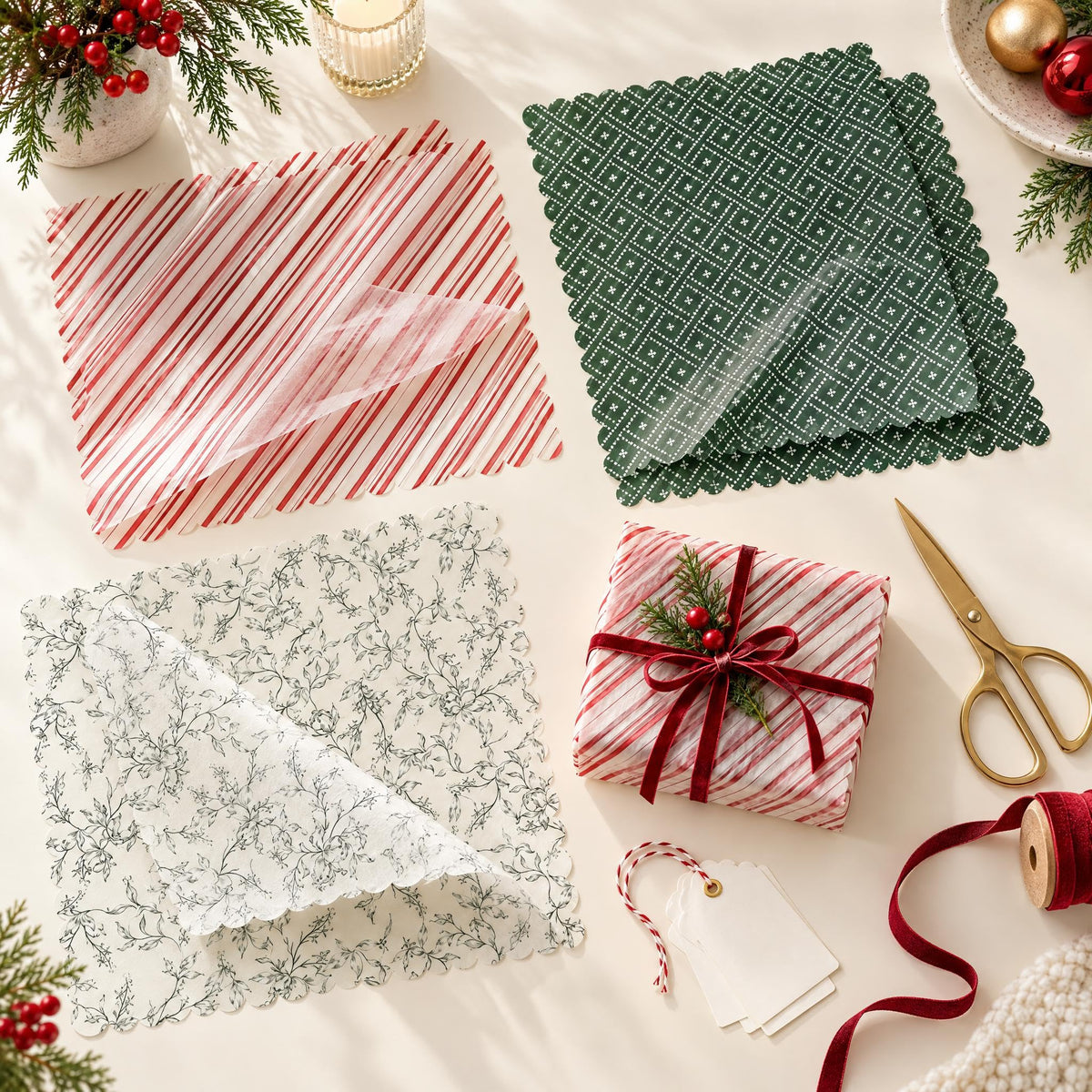 Beautiful Christmas Tissue Wrapping Paper Sheets for Gift Bags - Set of 100