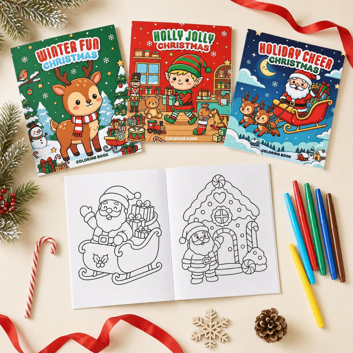Fun Christmas Coloring Books for Kids Set of 3 - Beautiful Holiday Themes