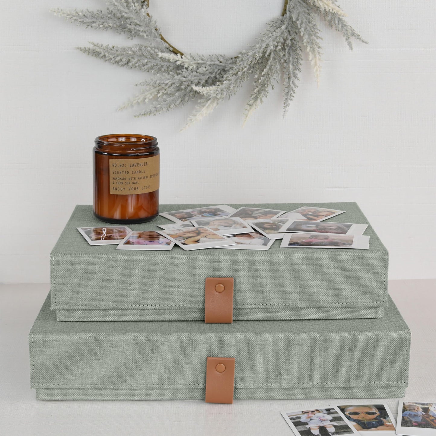 Decorative Photo Storage Boxes with Lids - Set of 2 Beautiful Linen Organizers Are Perfect to Safely Store Your Pictures, Documents, Scrapbooking Supplies, Keepsakes and Other Memories in Style