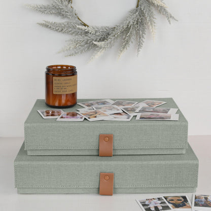 Decorative Photo Storage Boxes with Lids - Set of 2 Beautiful Linen Organizers Are Perfect to Safely Store Your Pictures, Documents, Scrapbooking Supplies, Keepsakes and Other Memories in Style