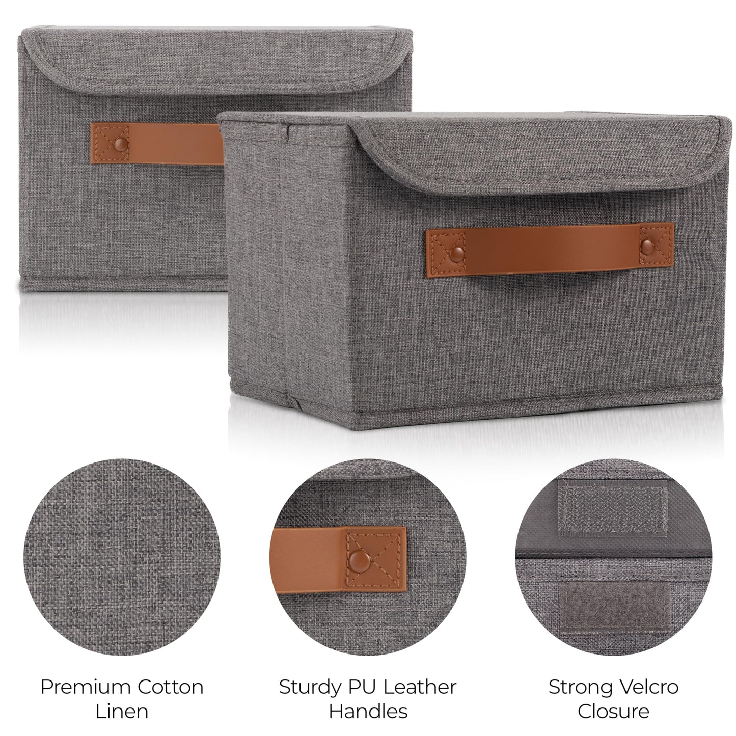 ZICOTO Beautiful Storage Bin with Lid – Foldable Cotton-Linen Fabric Box with PU Leather Handles, Decorative Closet Organizer Cube Reinforced with PP Board