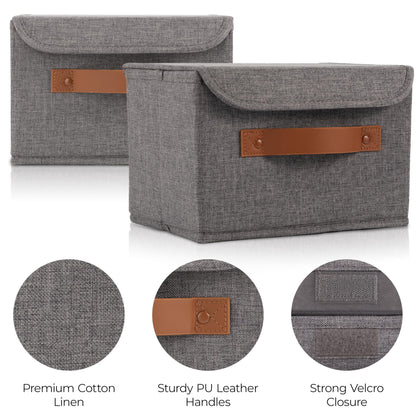 ZICOTO Beautiful Storage Bin with Lid – Foldable Cotton-Linen Fabric Box with PU Leather Handles, Decorative Closet Organizer Cube Reinforced with PP Board