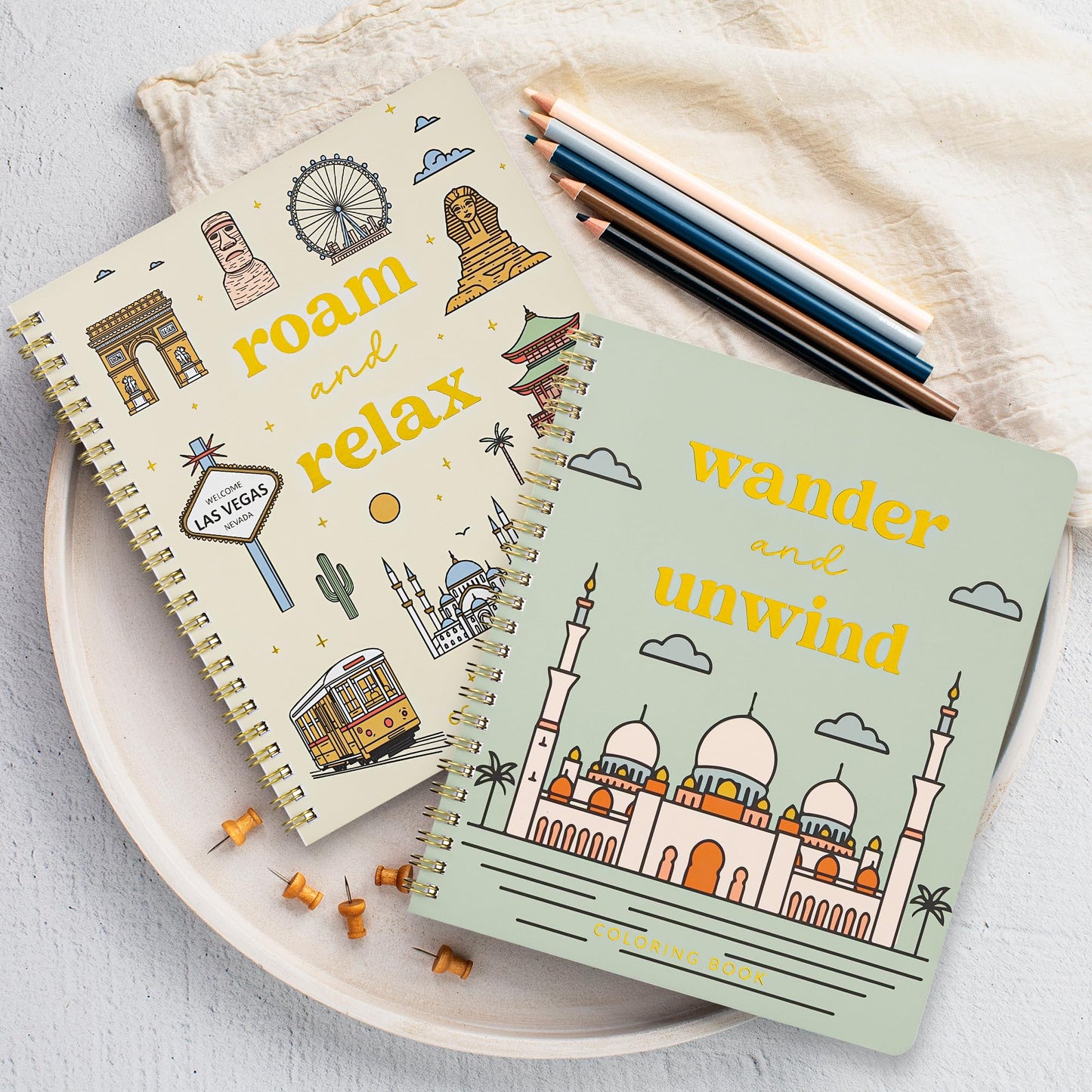 Beautiful Adult Coloring Book Set of 2 for Relaxation - Inspirational Adventures and Sightseeing Spots for The Spirit of Wanderlust - Perfect Stress-Relieving Gift for Women