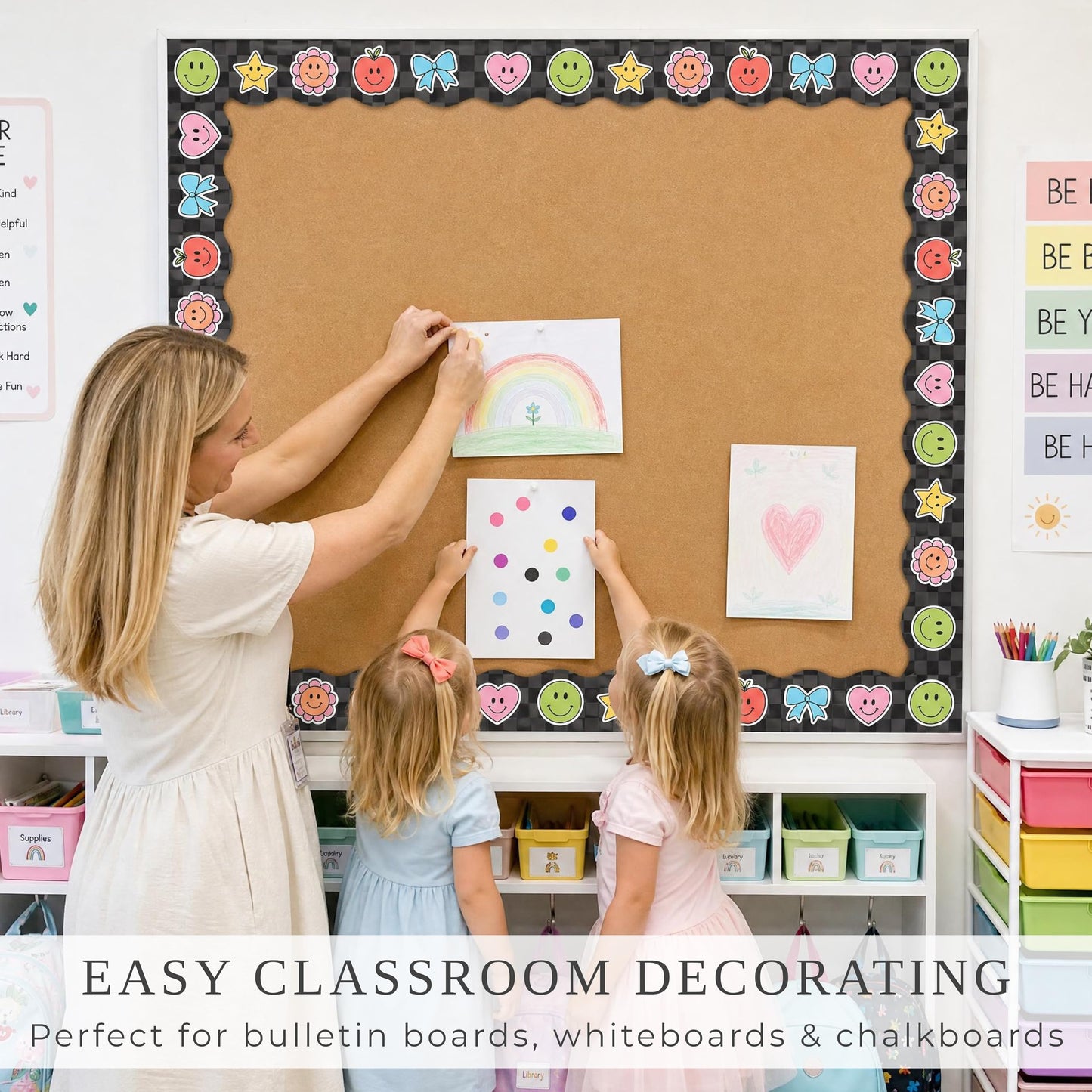 Beautiful Scalloped Bulletin Board Borders for Classroom Decor - 60 Smiley Face Strips for Up to 3 Boards 4x6 ft, Durable Decoration and Teacher Must Haves for a Warm Welcoming Classroom
