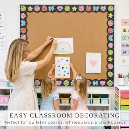 Beautiful Scalloped Bulletin Board Borders for Classroom Decor - 60 Smiley Face Strips for Up to 3 Boards 4x6 ft, Durable Decoration and Teacher Must Haves for a Warm Welcoming Classroom