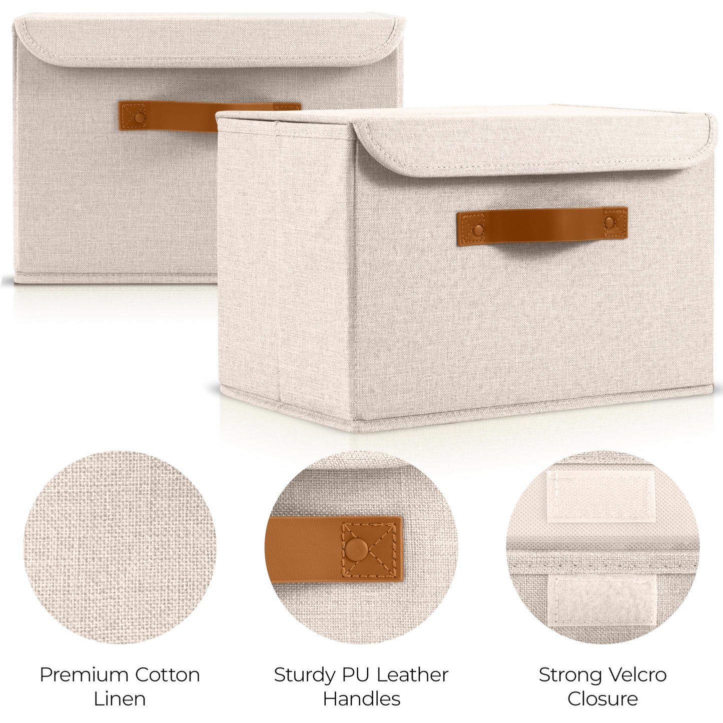 ZICOTO Beautiful Storage Bin with Lid – Foldable Cotton-Linen Fabric Box with PU Leather Handles, Decorative Closet Organizer Cube Reinforced with PP Board