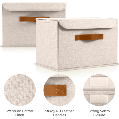 ZICOTO Beautiful Storage Bin with Lid – Foldable Cotton-Linen Fabric Box with PU Leather Handles, Decorative Closet Organizer Cube Reinforced with PP Board