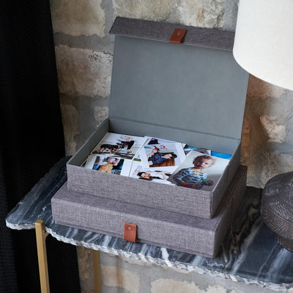 Decorative Photo Storage Boxes with Lids - Set of 2 Beautiful Linen Organizers Are Perfect to Safely Store Your Pictures, Documents, Scrapbooking Supplies, Keepsakes and Other Memories in Style
