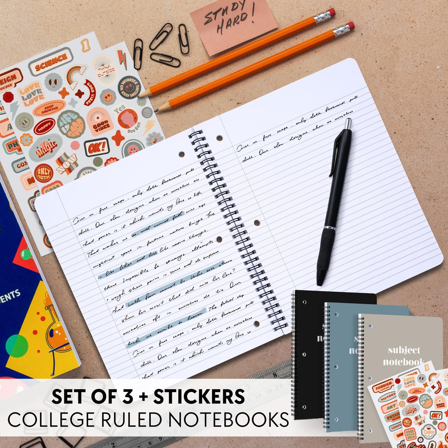 ZICOTO Aesthetic Spiral Subject Notebook Set of 3 For School or College - The Perfect 8" x 10.5" College Ruled Notebook with Premium Paper - Cute Student Supplies to Stay Organized at School