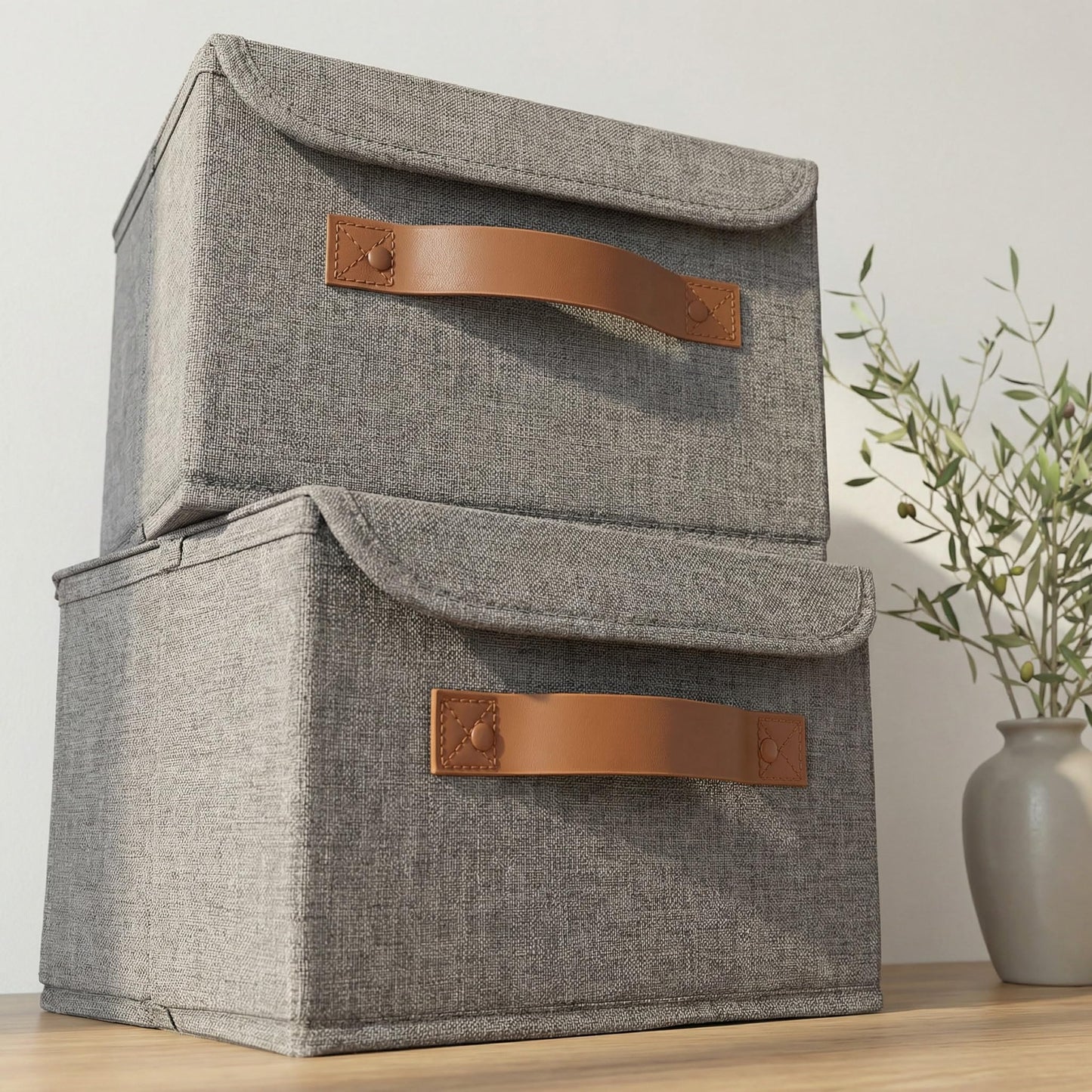 ZICOTO Beautiful Storage Bin with Lid – Foldable Cotton-Linen Fabric Box with PU Leather Handles, Decorative Closet Organizer Cube Reinforced with PP Board