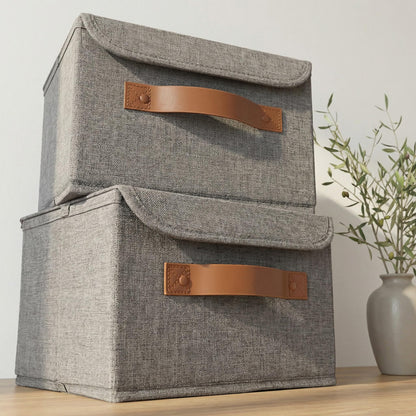 ZICOTO Beautiful Storage Bin with Lid – Foldable Cotton-Linen Fabric Box with PU Leather Handles, Decorative Closet Organizer Cube Reinforced with PP Board