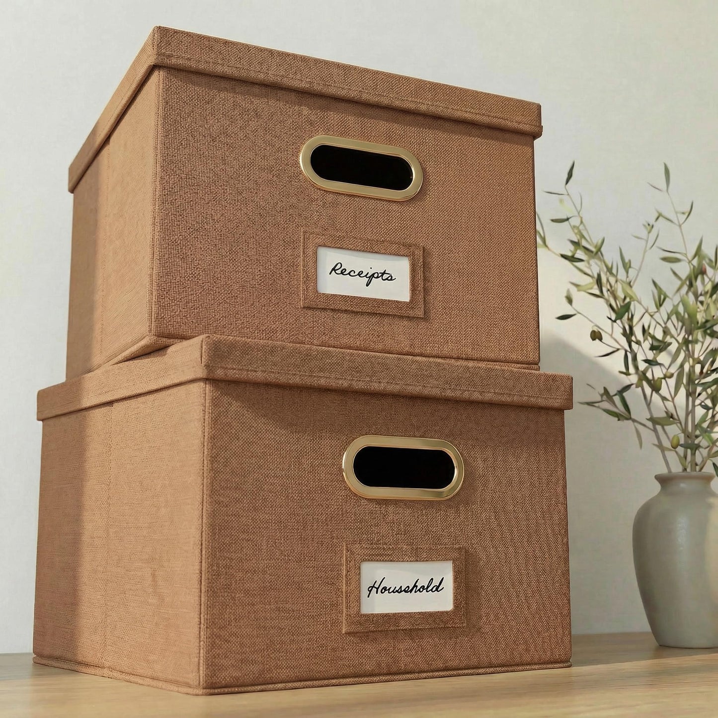ZICOTO Decorative File Box Organizer Set of 2 - Collapsible Linen File Cabinet for Easy Folder Storage - Store All Your Documents and Folders in Style