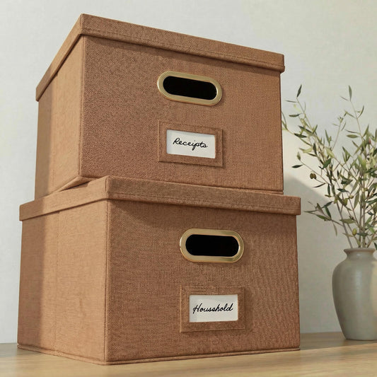 ZICOTO Decorative File Box Organizer Set of 2 - Collapsible Linen File Cabinet for Easy Folder Storage - Store All Your Documents and Folders in Style