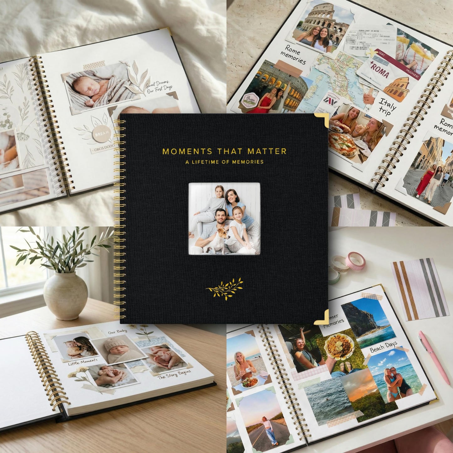 Elegant Scrap Book with Linen Cover and Gold Accents - Beautiful Photo Book & Memory Album for Preserving Cherished Photos - Lovely Gift