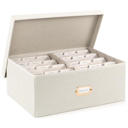 Decorative Photo Storage Box - Sturdy Linen Photo Organizer with Dividers - Stores Up to 850 4x6 Photos - Portable Scrapbook Storage Container with Lid