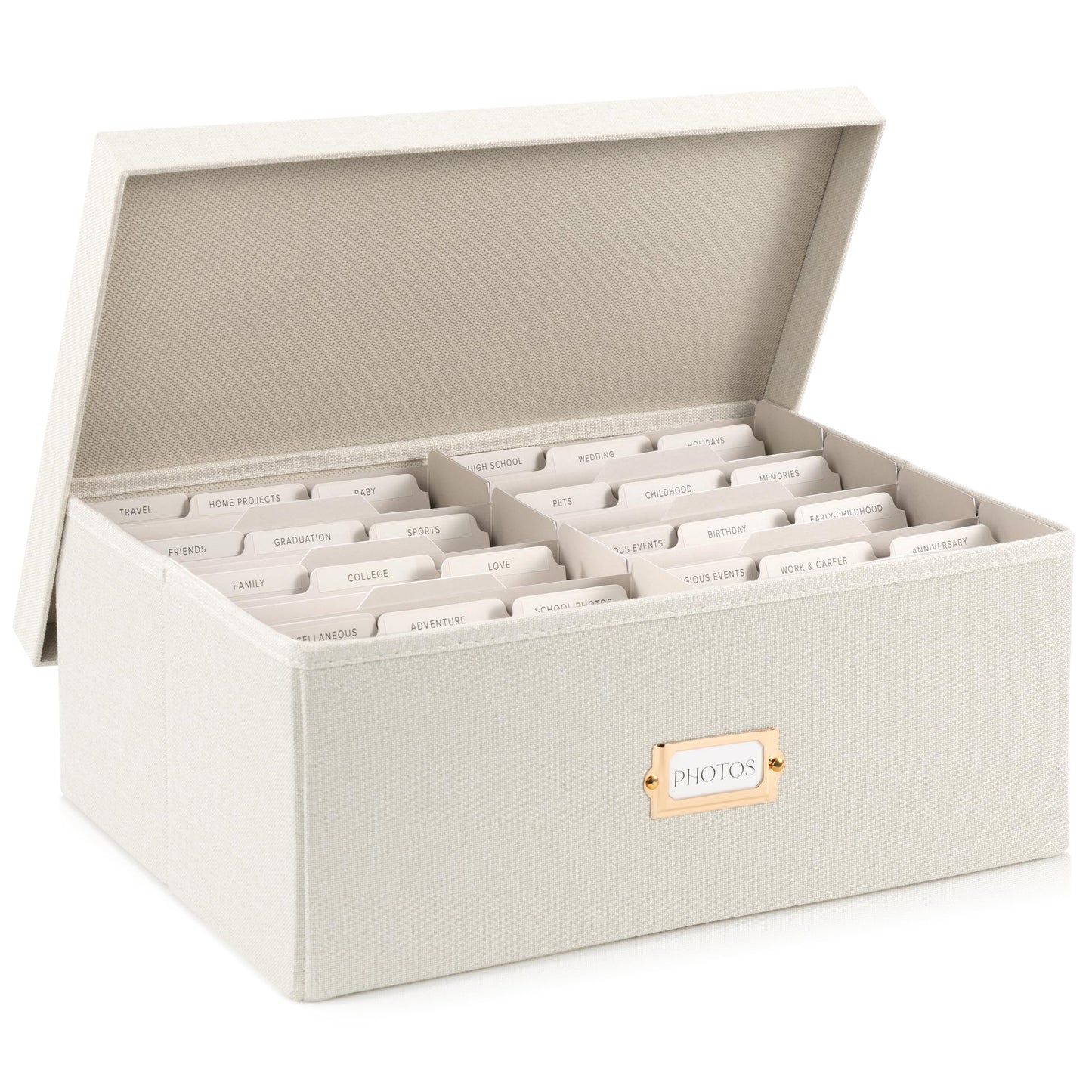 ZICOTO Decorative Photo Storage Box - Sturdy Linen Photo Organizer with Dividers is Perfect to Store Up to 1700 Pictures and 5x7 Photos - Portable Scrapbook Storage Containers with Lid
