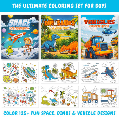 Fun Coloring Books for Kids Set of 3 - Exciting Dinosaur, Space & Trucks Coloring Book for Boys Ages 4-8 - Easy to Color Gift for Your Creative Little One