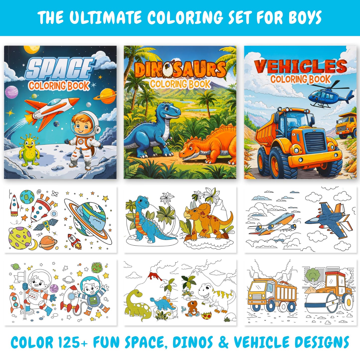 ZICOTO Fun Coloring Books for Kids Set of 3 - Exciting Dinosaur, Space & Trucks Coloring Book for Boys Ages 4-8 - Easy to Color Gift for Your Creative Little One
