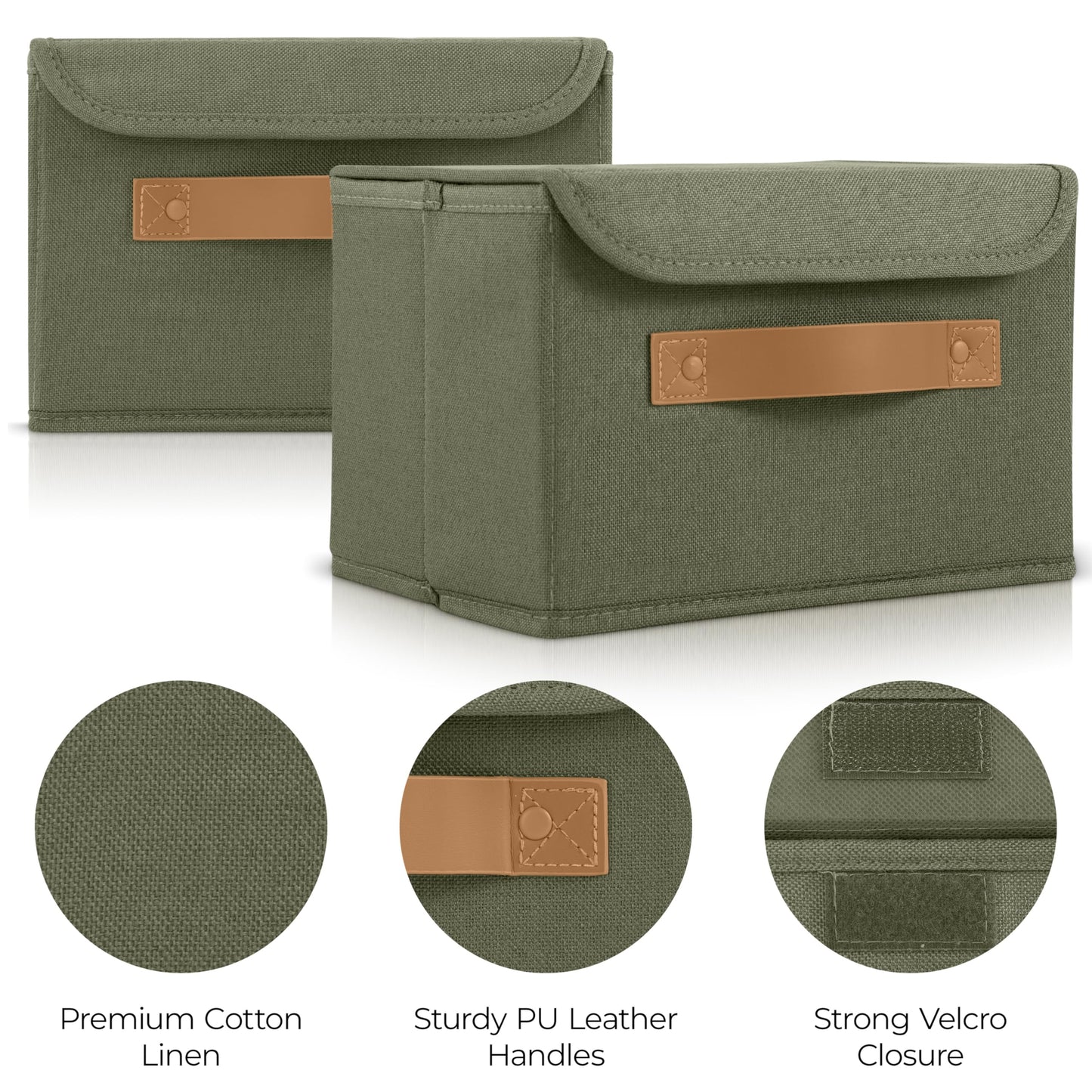 ZICOTO Beautiful Storage Bin with Lid – Foldable Cotton-Linen Fabric Box with PU Leather Handles, Decorative Closet Organizer Cube Reinforced with PP Board