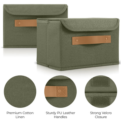 ZICOTO Beautiful Storage Bin with Lid – Foldable Cotton-Linen Fabric Box with PU Leather Handles, Decorative Closet Organizer Cube Reinforced with PP Board