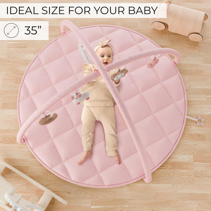 Beautiful Baby Play Gym and Tummy Time Mat - Soft Cotton Mat with 6 Cute Toys Creates The Perfect Activity Area for Your Girl/Boy - Stylish Infant Floor Playmat Fits Nicely with Any Playroom Decor