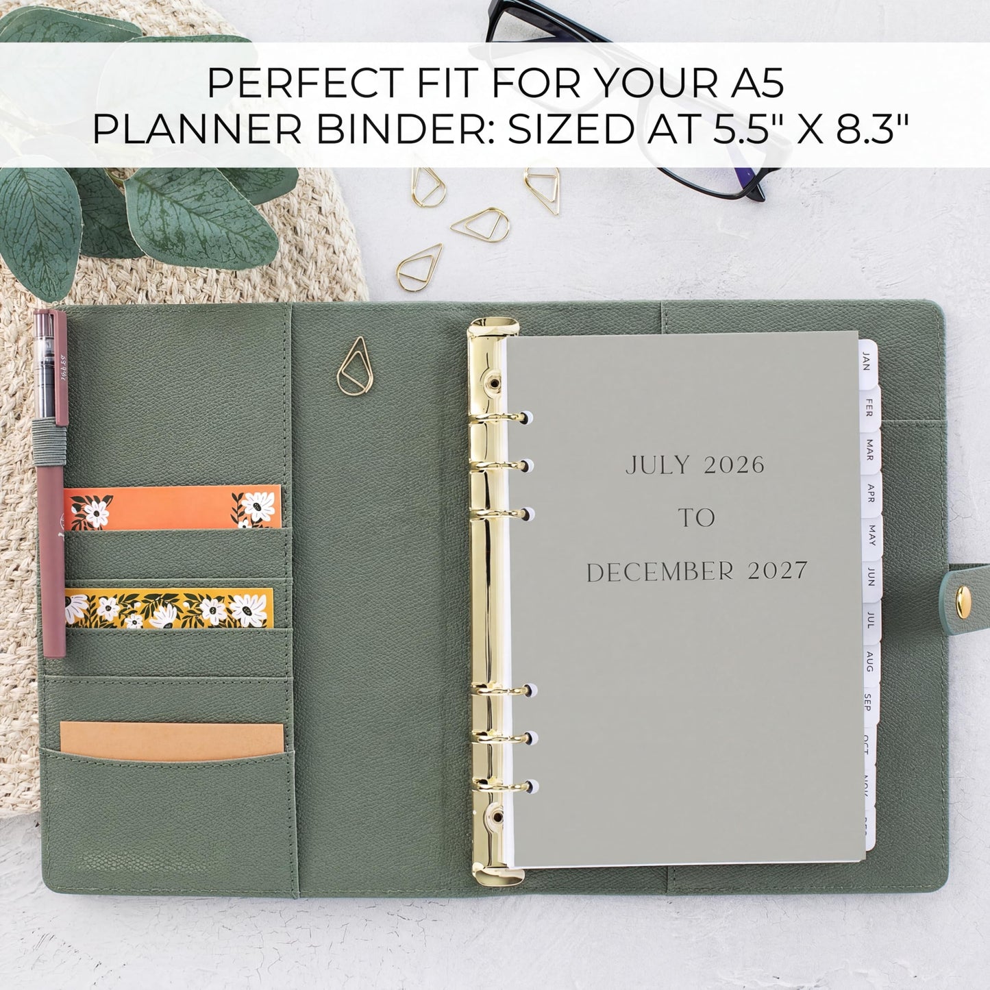 Beautiful 2026-2027 Daily Planner A5 Inserts for 6 Ring Binders - Durable Paper Refill Set 5.5" x 8.3" - Refills for Notebook Incl. Tabs & Monthly Calendar Spreads - From July 2026 - December 2027