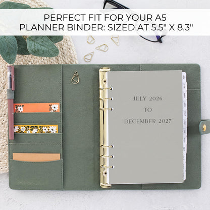 Beautiful 2026-2027 Daily Planner A5 Inserts for 6 Ring Binders - Durable Paper Refill Set 5.5" x 8.3" - Refills for Notebook Incl. Tabs & Monthly Calendar Spreads - From July 2026 - December 2027