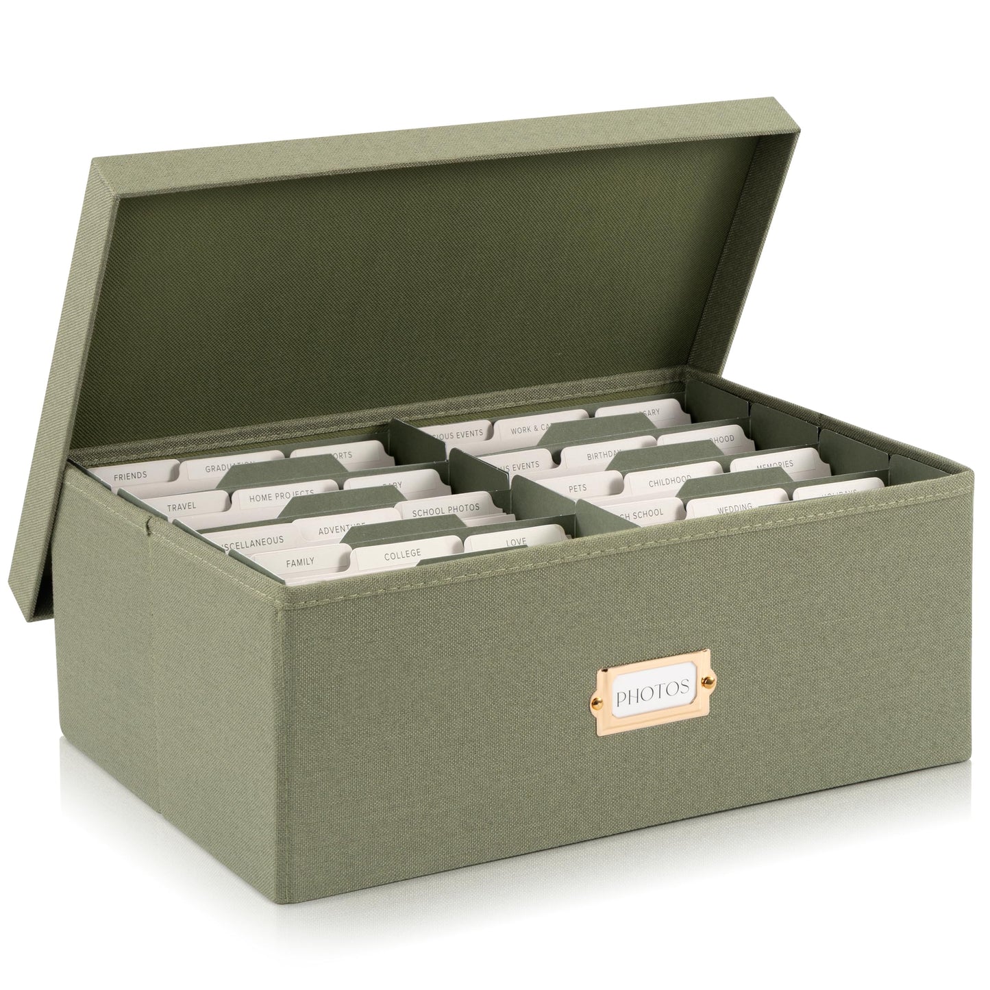 Decorative Photo Storage Box - Sturdy Linen Photo Organizer with Dividers - Stores Up to 850 4x6 Photos - Portable Scrapbook Storage Container with Lid