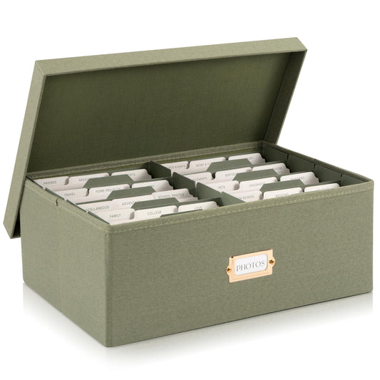 ZICOTO Decorative Photo Storage Box - Sturdy Linen Photo Organizer with Dividers is Perfect to Store Up to 1700 Pictures and 5x7 Photos - Portable Scrapbook Storage Containers with Lid