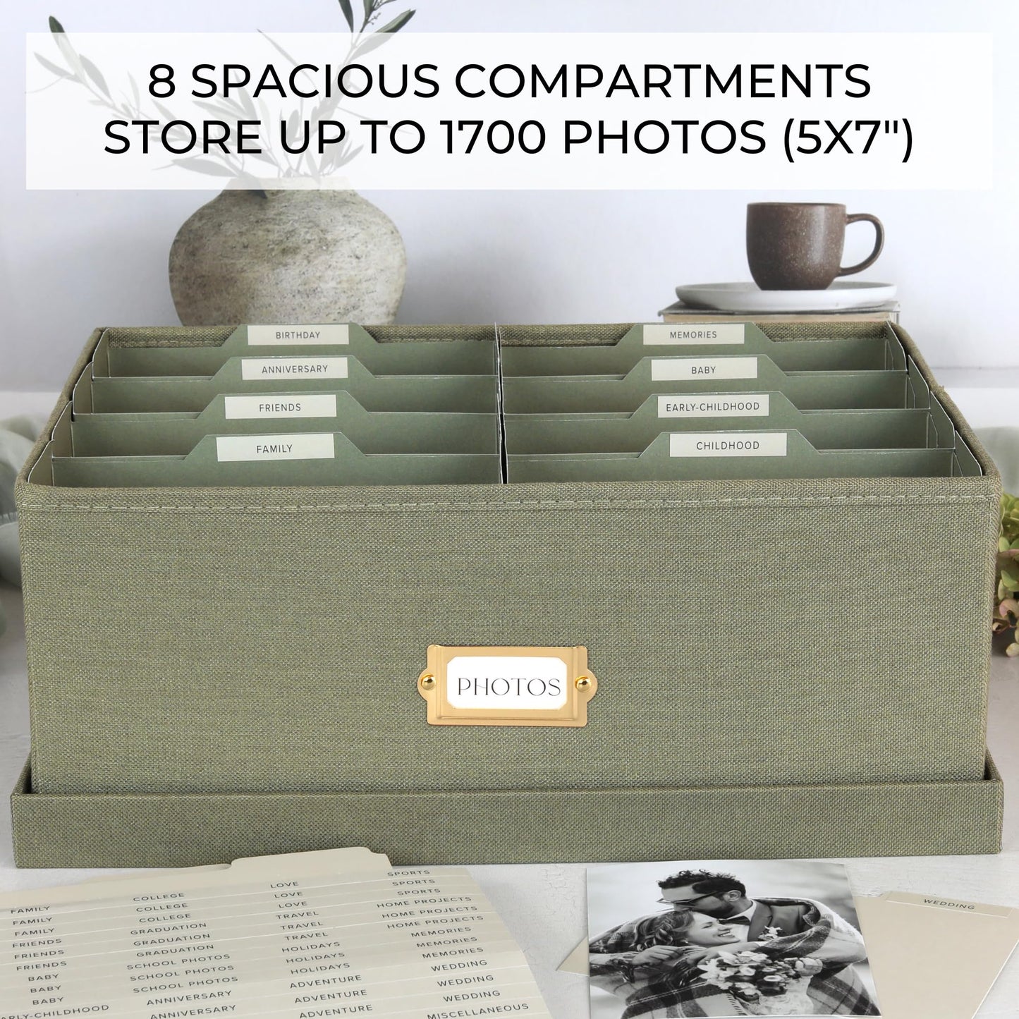 Decorative Photo Storage Box - Sturdy Linen Photo Organizer with Dividers - Stores Up to 850 4x6 Photos - Portable Scrapbook Storage Container with Lid