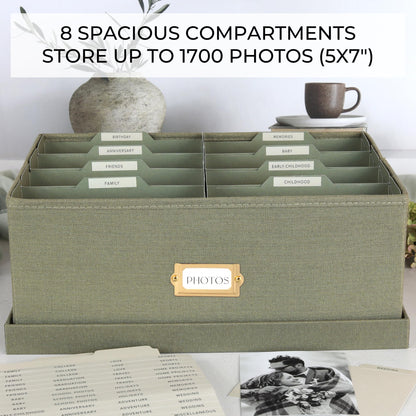 Decorative Photo Storage Box - Sturdy Linen Photo Organizer with Dividers - Stores Up to 850 4x6 Photos - Portable Scrapbook Storage Container with Lid