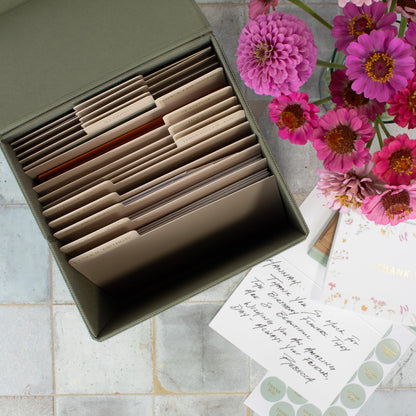 ZICOTO Beautiful Greeting Card Organizer Box With Dividers - Sturdy Linen Storage Box Easily Organizes All Your Greeting Cards in Style - Cute Card Holder Safely Stores Up to 300 Small Or Large Cards