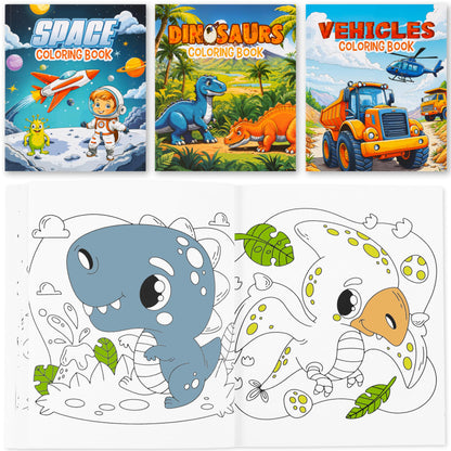 Fun Coloring Books for Kids Set of 3 - Exciting Dinosaur, Space & Trucks Coloring Book for Boys Ages 4-8 - Easy to Color Gift for Your Creative Little One
