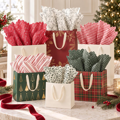 Beautiful Christmas Tissue Wrapping Paper Sheets for Gift Bags - Set of 100