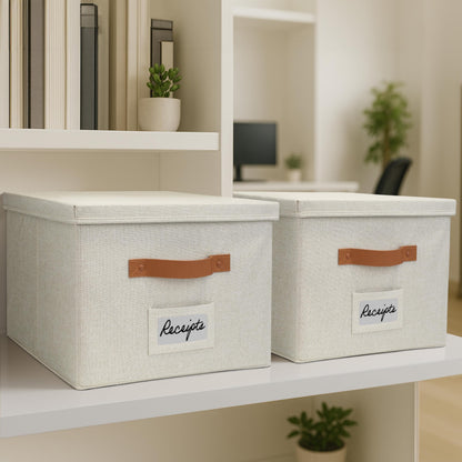 ZICOTO Decorative File Organizer Box Set of 2 - Collapsible Linen Filing Cabinets w/Handles Are Perfect to Store all Your Documents & Hanging File Folders - Portable Easy Slide Crates with Lid